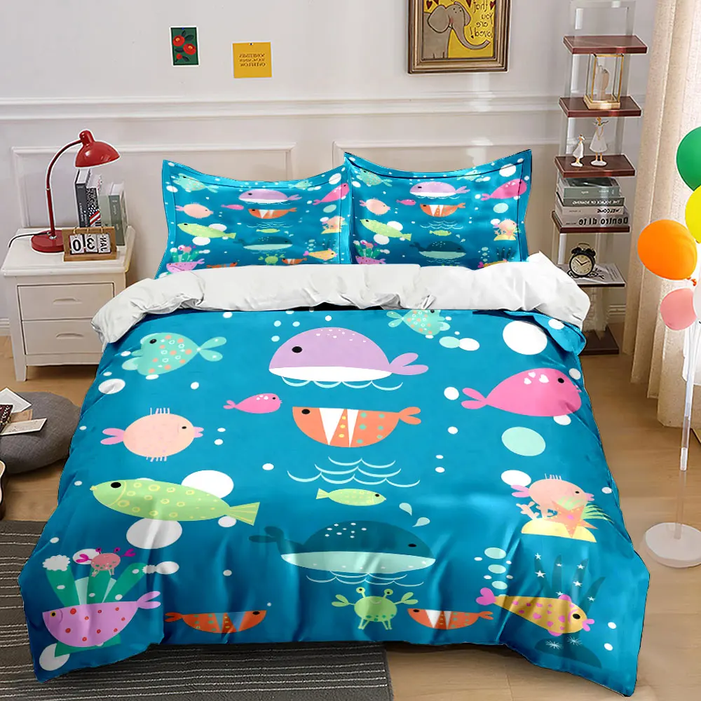 Cartoon Fun Ocean Animal Theme Print Weiche, bequeme Bettwäsche-Set mit 1 Bettbezug und 2 Kissenbezügen