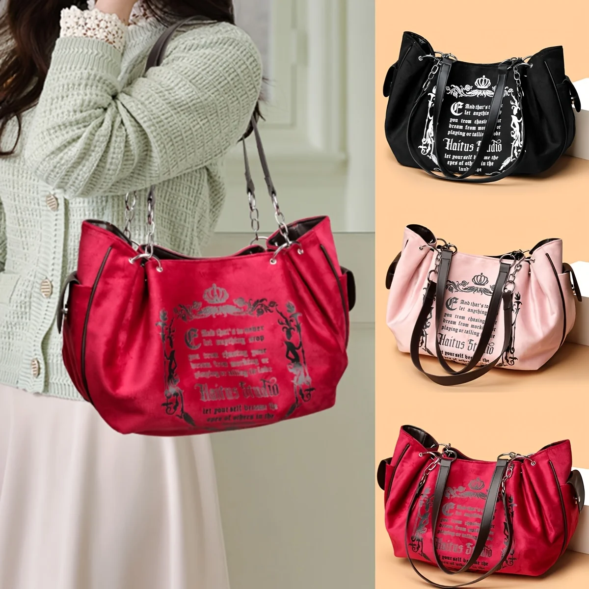 Damen-Handtasche aus Wildlederimitat mit Buchstabendruck, Retro-Einkaufstasche mit großem Fassungsvermögen für den täglichen Pendelverkehr und zum Tragen von Hand. Kürbistasche – Detail 11