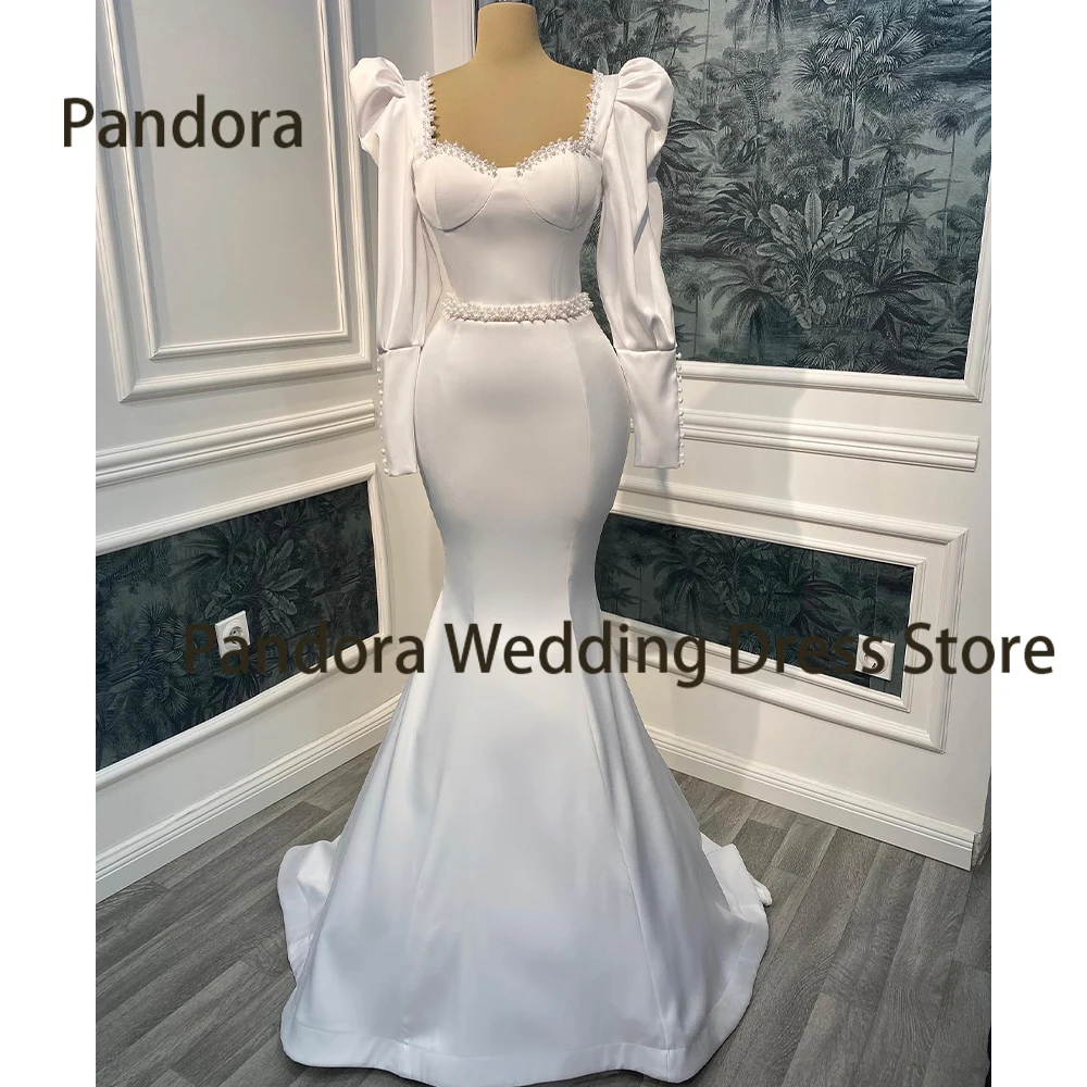 Pandora Elegant women floor-length formal Evening dress Square neck Long sleeve Mermaid beaded wedding Birthday Ball party gown