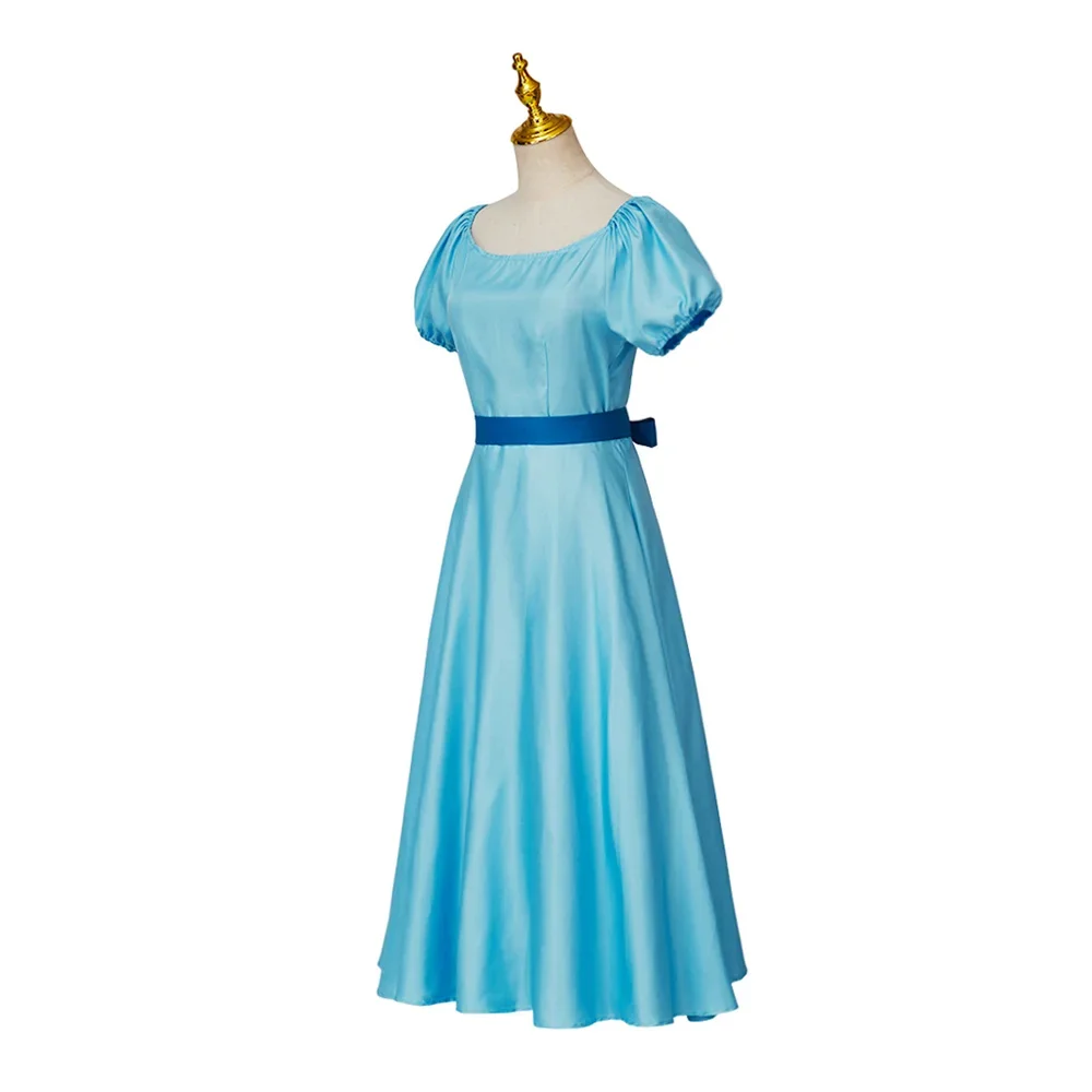 애니메이션 코스프레 웬디 달링 블루 드레스 정장 여성용 블루 하이 웨이스트 Bowknot 볼 가운 할로윈 카니발 파티 공주 의상