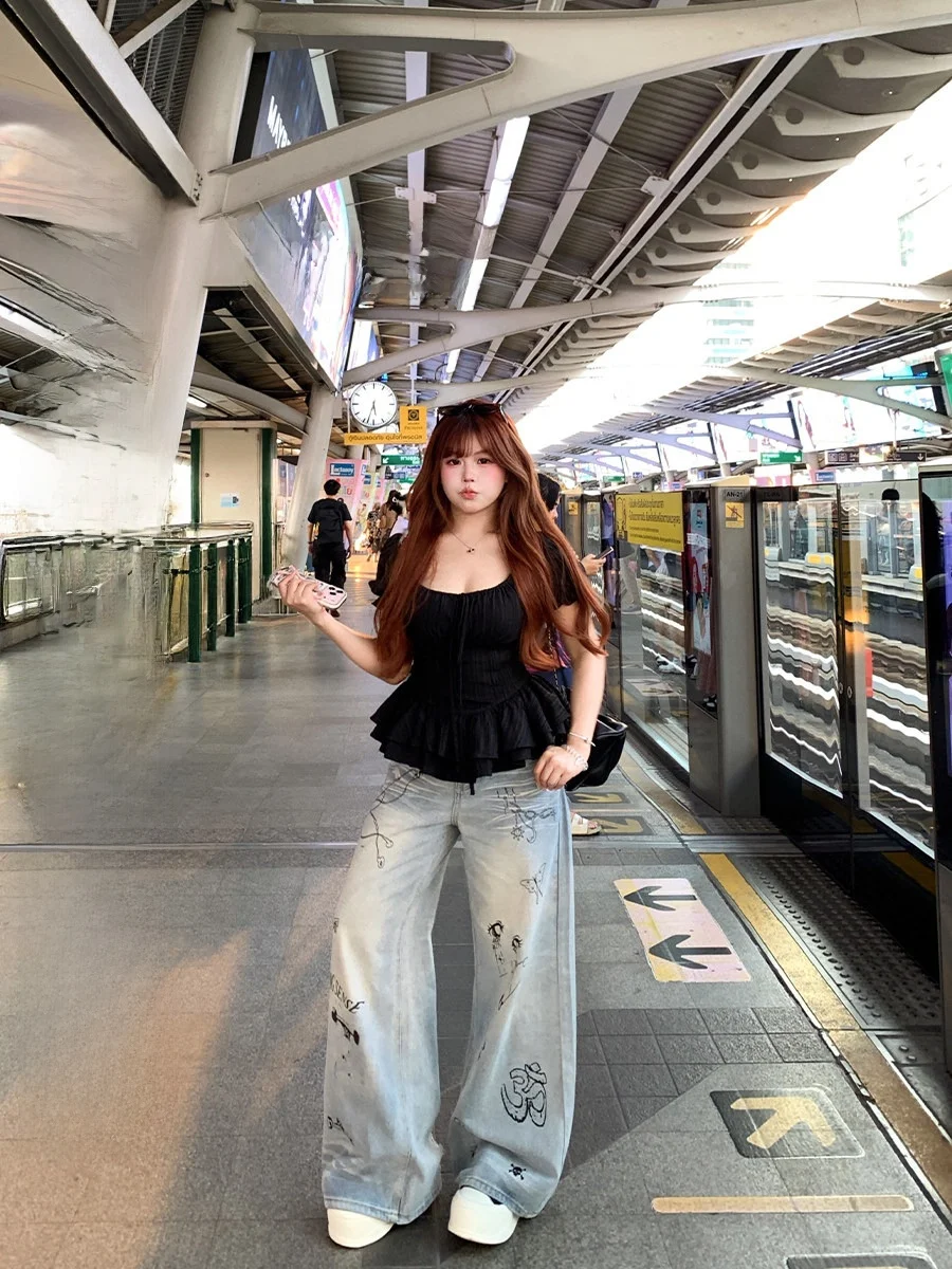 

Hand-Painted Graffiti Print Wide Leg Denim Jeans Women's plus Size Street Style Waist-Cinching Bootcut Trousers Blue