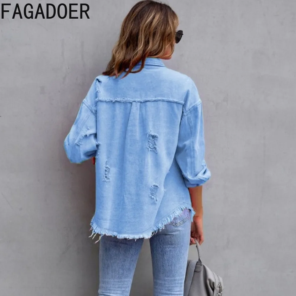 FAGADOER Fashion Hole Denim Shirts Women Turndown Collar Long Sleeve Pocket Loose Tops Casual Solid Color Button Coats 2024 New