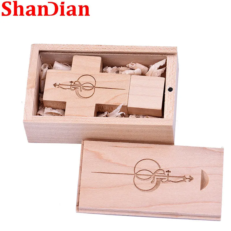 SHANDIAN Free Custom LOGO U Disk 64GB Maple Cross Flash Drive 32GB Wooden USB 2.0 16G Pendrive 8G Photography Gifts Memory Stick