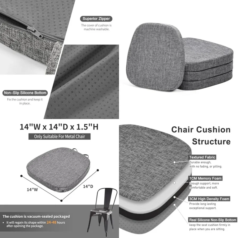 

14x14 Memory Foam Metal Chair Cushions Set of 4, Dual-Layer Design Non-Slip Metal Dining Chair Pads Kitchen Seat Cushion with M