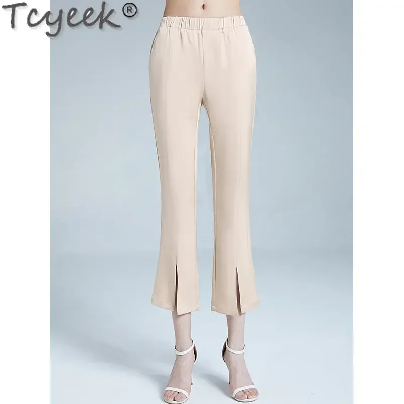 

Tcyeek 95% Mulberry Silk Flare Pants Ladies Summer New Trousers Woman Clothing Elegant Middle-waisted Thin Pants Pantalon Mujer