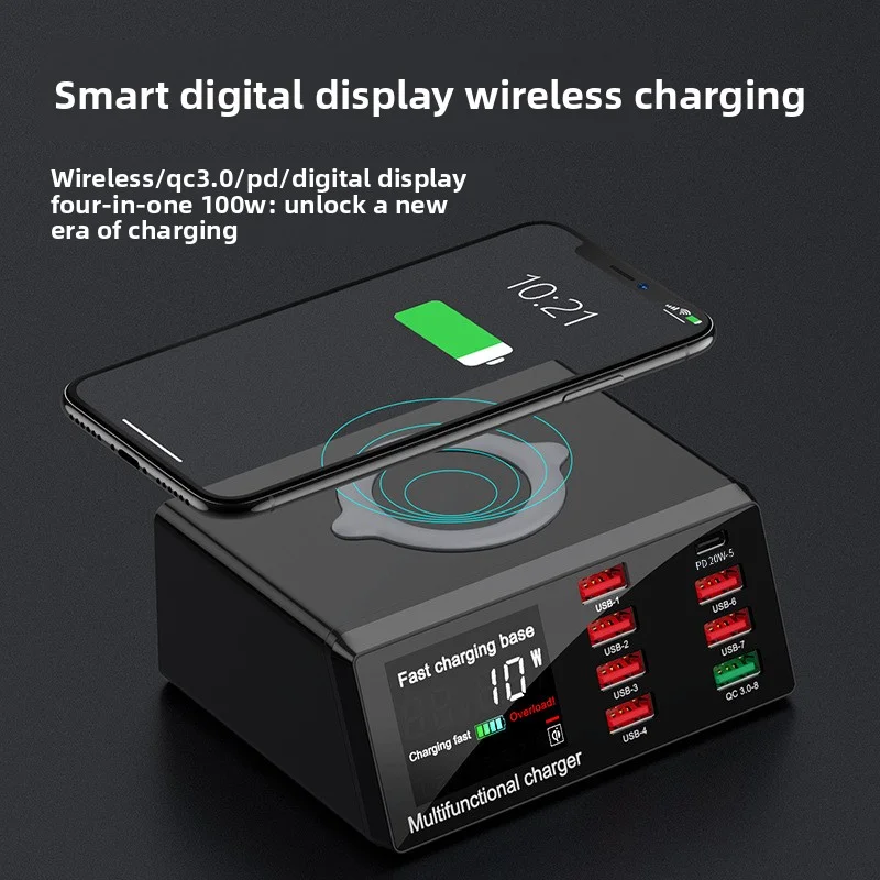 

Зарядное устройство X9 100W с 8 портами USB, быстрая зарядка 3.0, адаптер-хаб, беспроводная зарядка, зарядная станция, быстрая зарядка PD для iPhone 11, Samsung