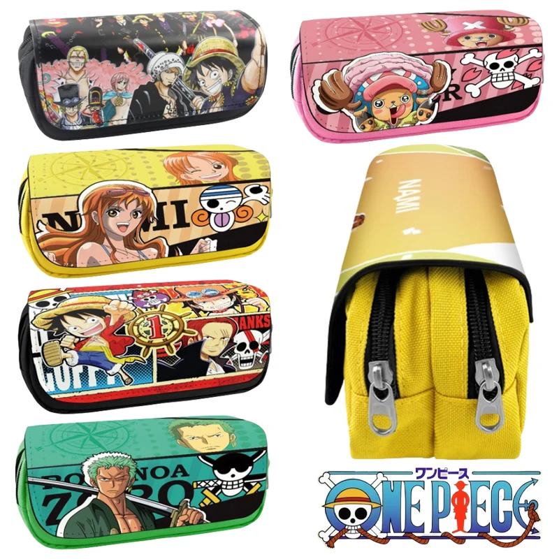 One Piece Luffy Pencil Bag Anime Double Layer Large Capacity Stationery Storage Bags Student Pencil Case Boy Canvas Zipper Pouch