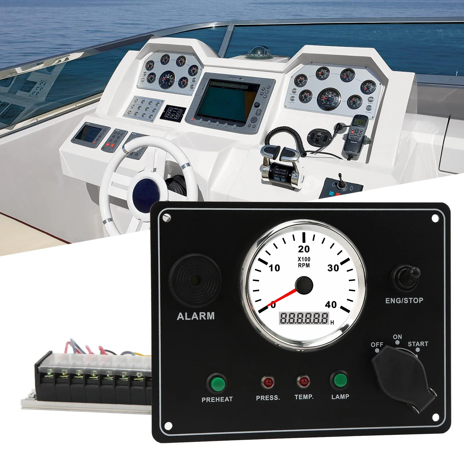Boat Instrument Panel with Tahcometer 4000RPM Engines Stop Start ON OFF Water Temp Alarm IP67 Waterproof Marine Accessories