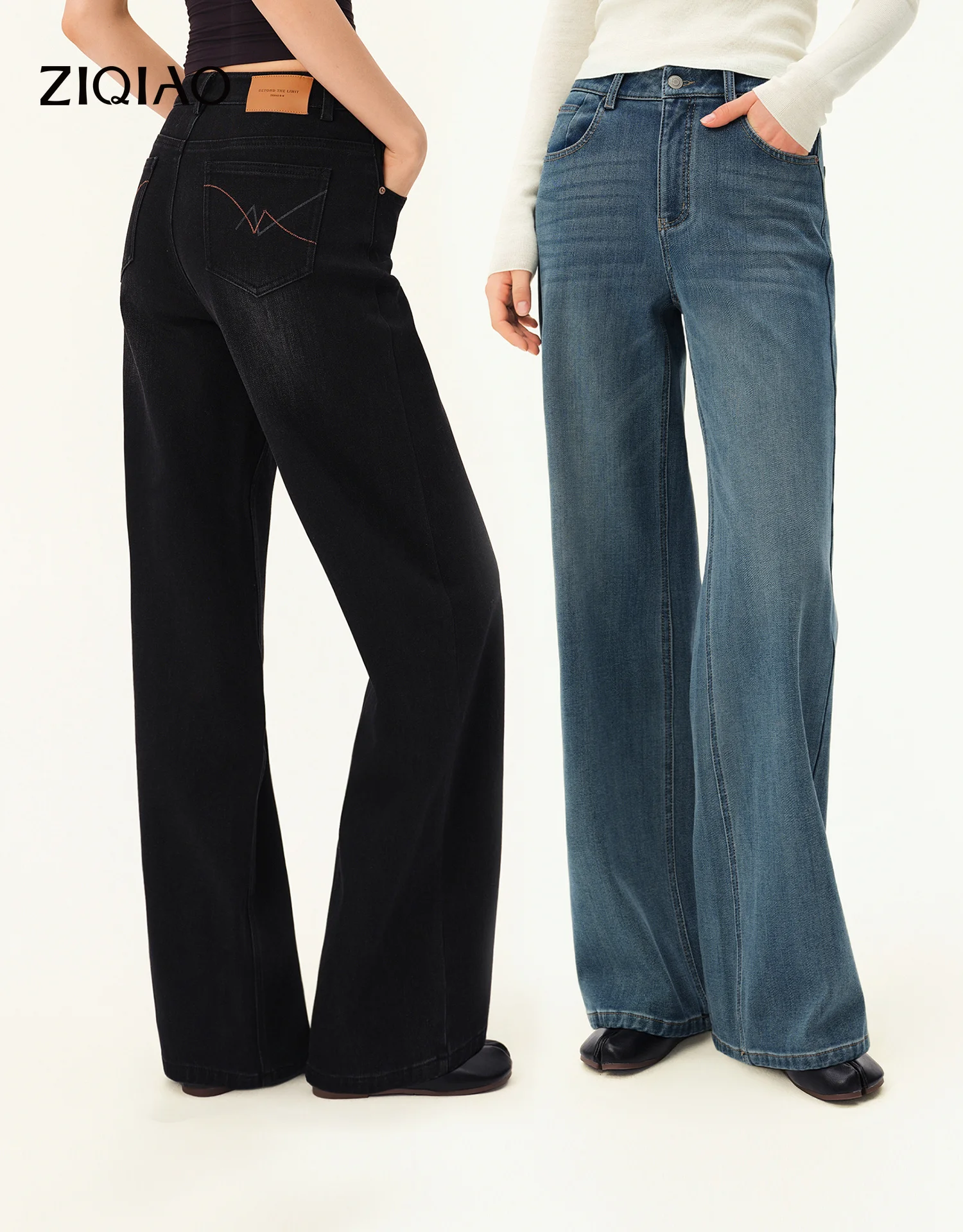 ZIQIAO 2026 Winter Women's Vintage Embroidered Patch Pocket Brushed Straight Leg Jeans - Cozy Casual Pants for Daily Wear