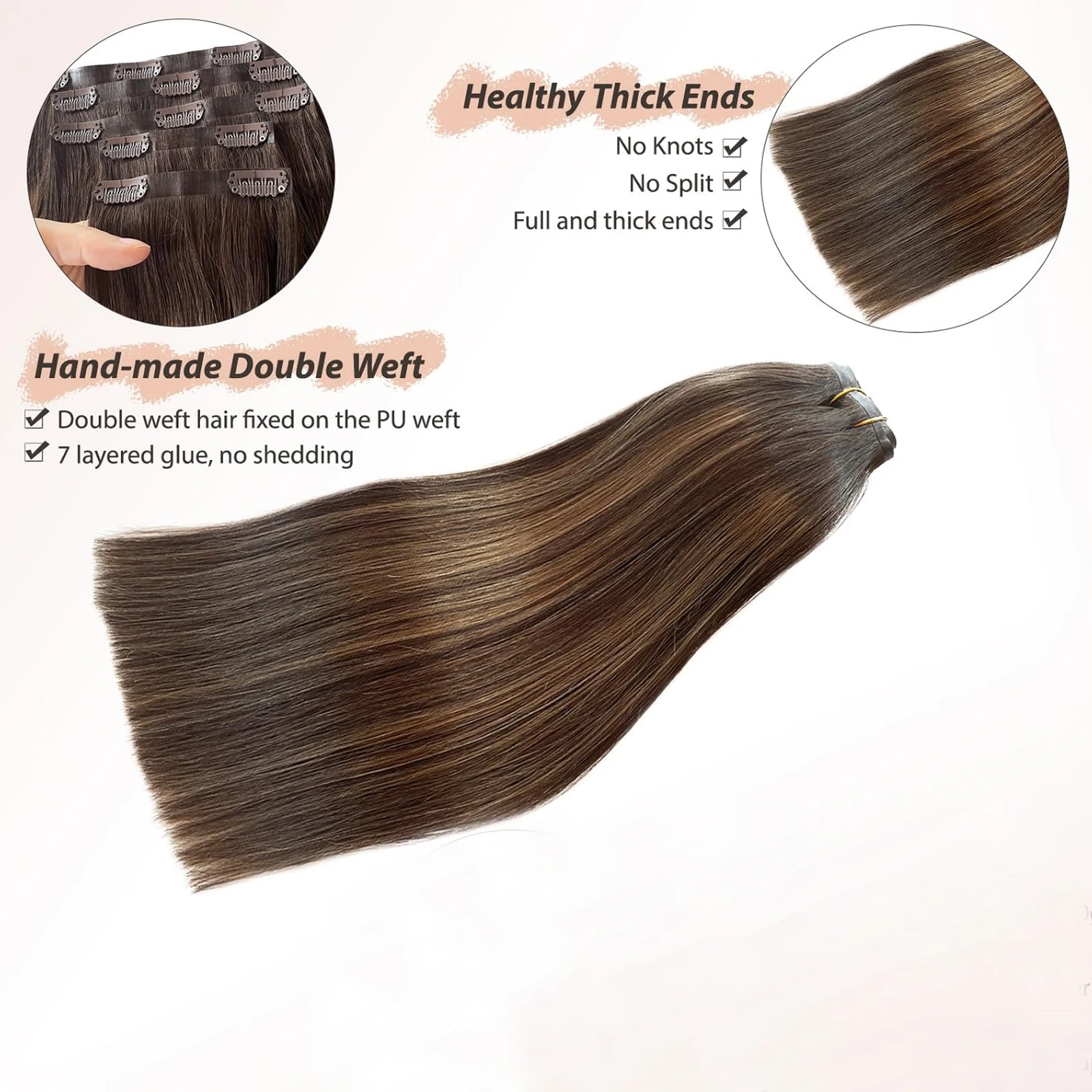 Highlight Color Hair Extensions 4/27 Clip In Straight Real Human Hair Double Weft 140G Per Pack 10 Pcs Clip Ins Extension