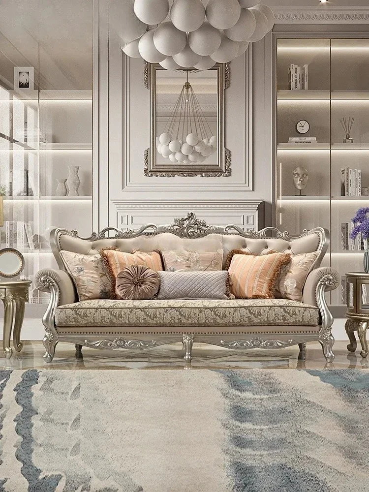 American fabric sofa European solid wood leather first layer cowhide light luxury living room combination carving