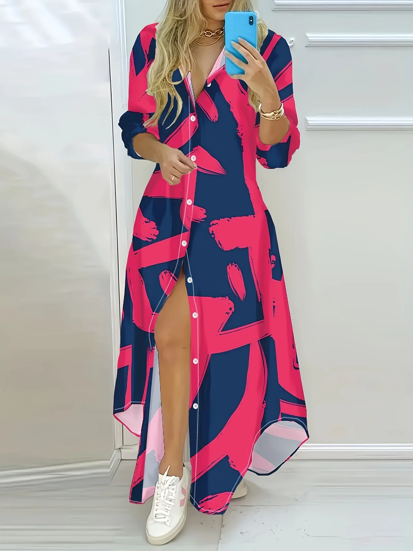 Abstraktes Pinselstrich-Print Langarmkleid für Damen – Lässiges, elegantes A-Linien-Midikleid für Herbst und Winter – Modisch und Alltagstauglich