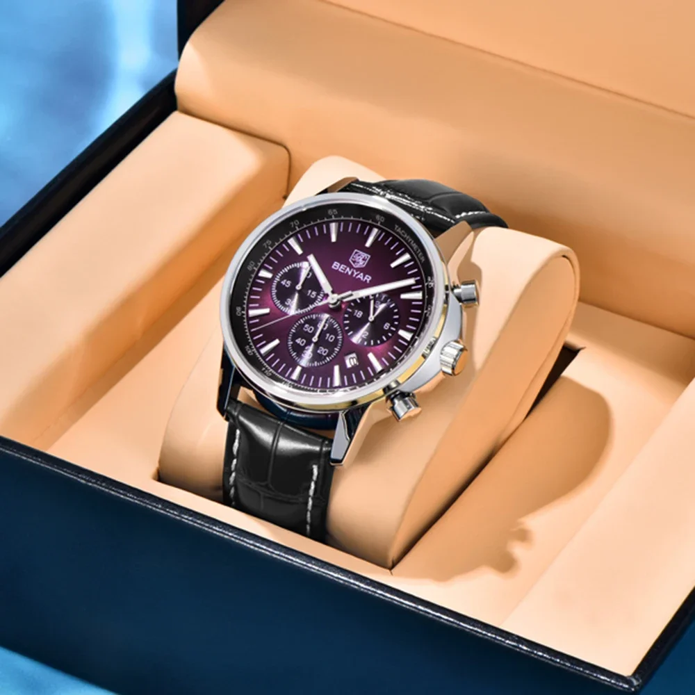 

2025 BENYAR Top Brand Luxury Watches Mens Chronograph Quartz Men Watch Sport Military Waterproof Leather Business Reloj Hombre