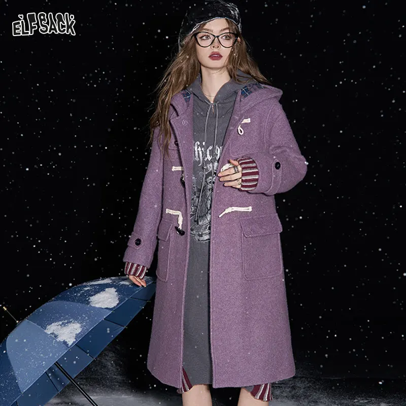 ELFSACK 2024 Winter New Arrivals Purple buttoned hooded long wool coat