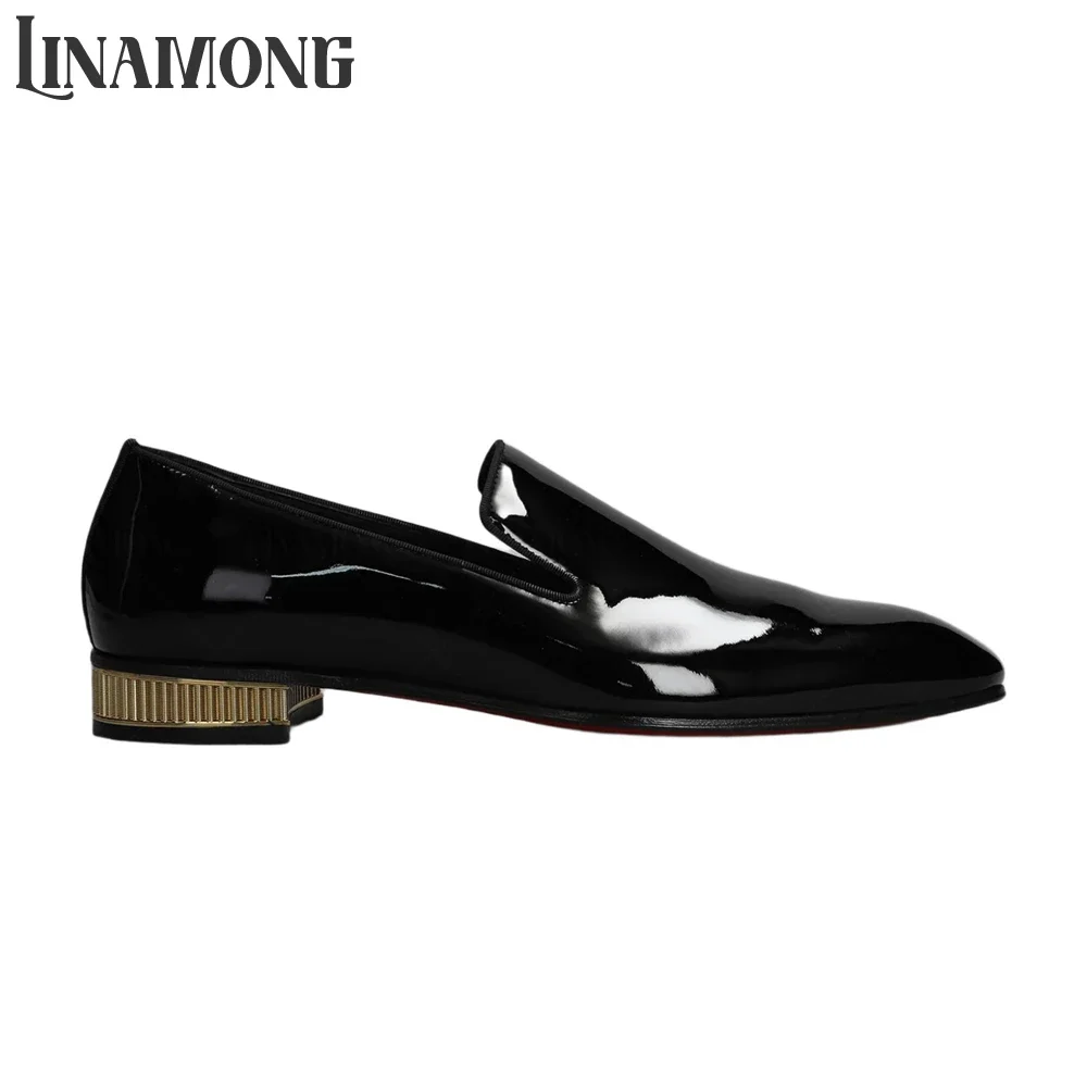 Gold Metal Heel Flat Loafers Black Patent Leather Classic Dress Shoes Almond Toe Slip on Handcrafted Loafers Men's Wedding Shoes