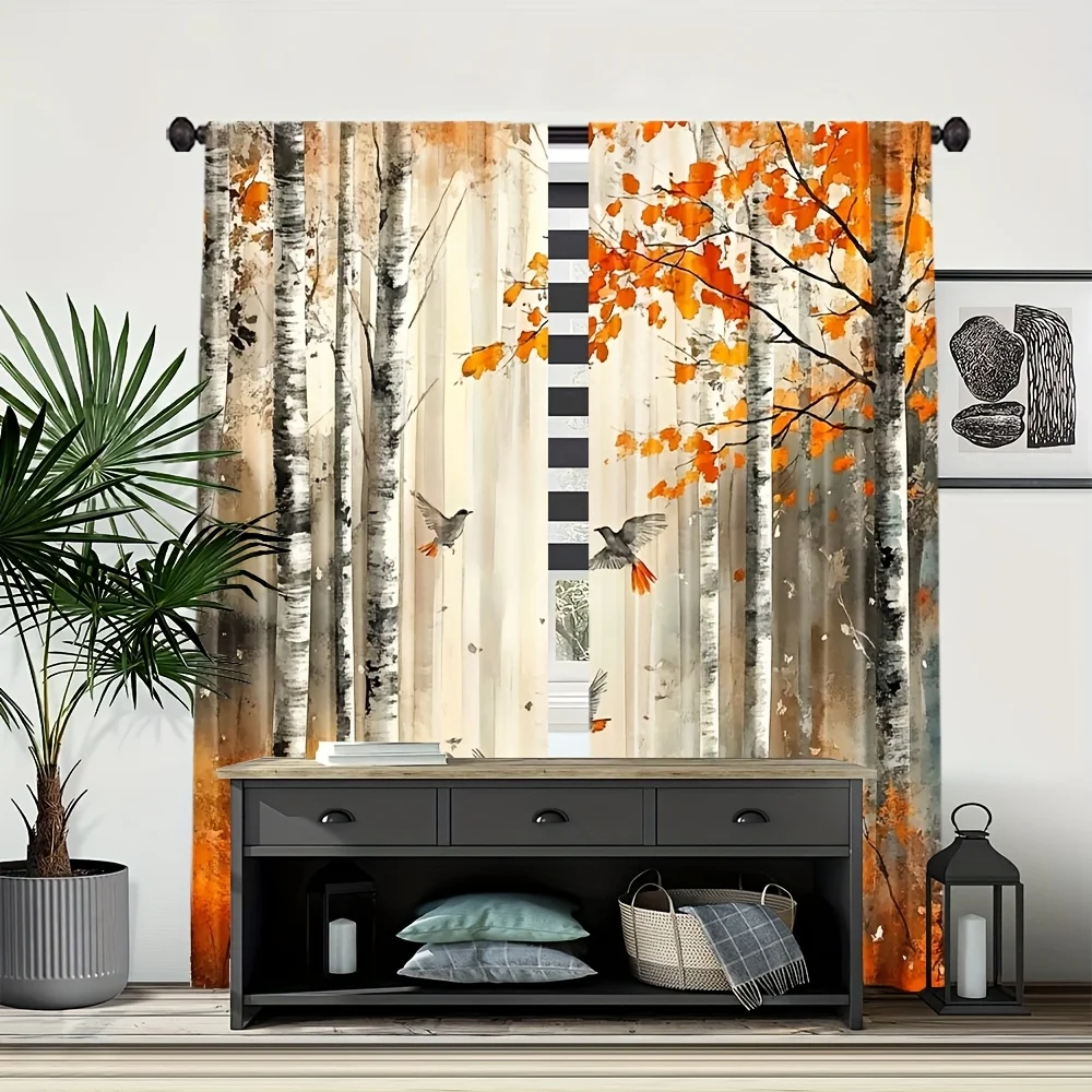 2PCS Digital Print Curtains, Birch Forest Birds, Nature Scenic