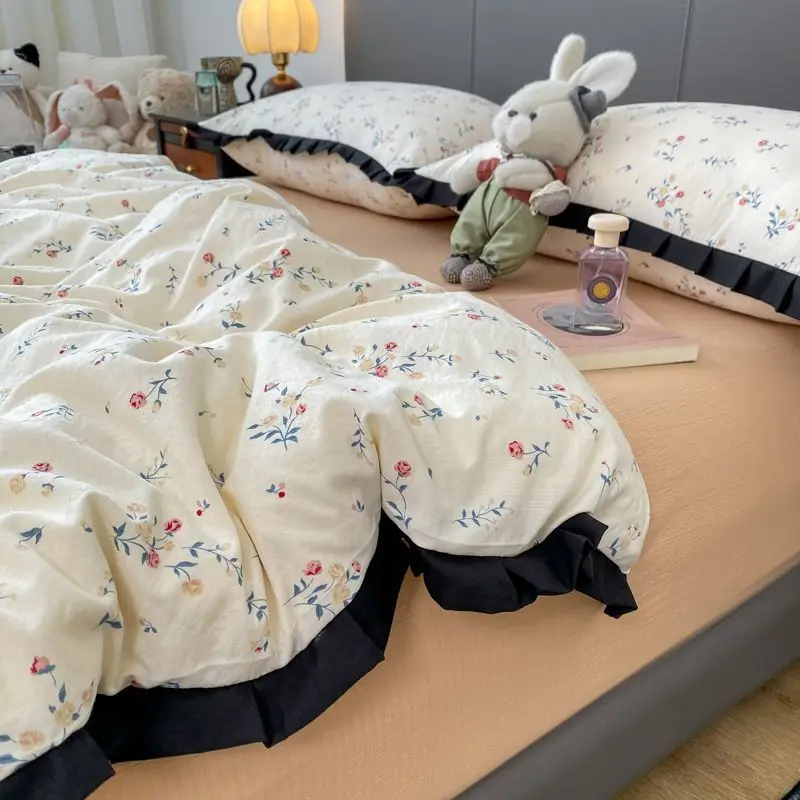 

INS простой черный кружевной двухслойный марлевый комплект постельного белья во французском стиле с цветочным принтом, простыня из стираного хлопка, простыня, свежее пододеяльник