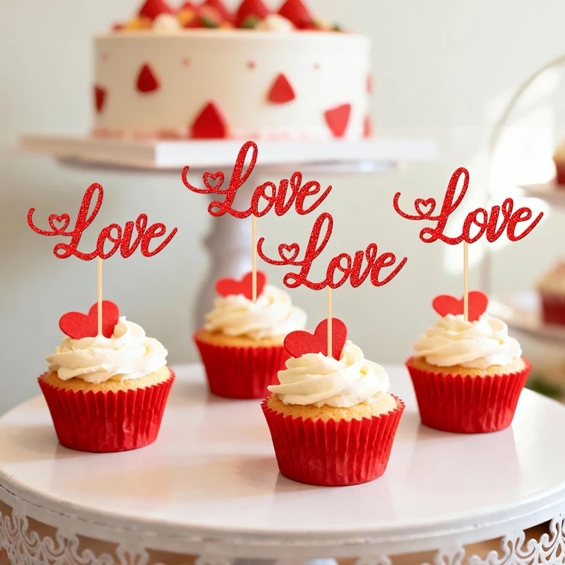 YOMDID 24Pcs Valentine's Day Love Cupcake Toppers Glitter Love Sign Cupcake Picks For Wedding Party Cake Decorations Supplies - view 2