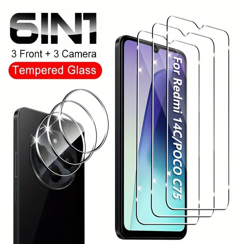 6 in 1 Screen Protector With Camera Lens Tempered Glass for Redmi 14C 15C 13C 12 11 10 9A 9T Protective Glass