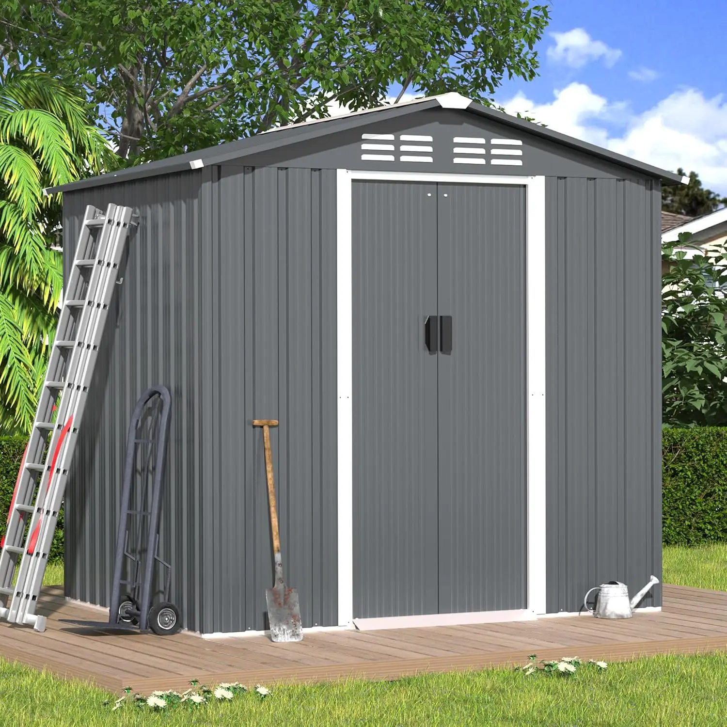 Metal ao ar livre Armazenamento Shed Kit com Double Doorknobs e Air Vents, Waterproof Shelds Cabinet para Pátio e Exterior