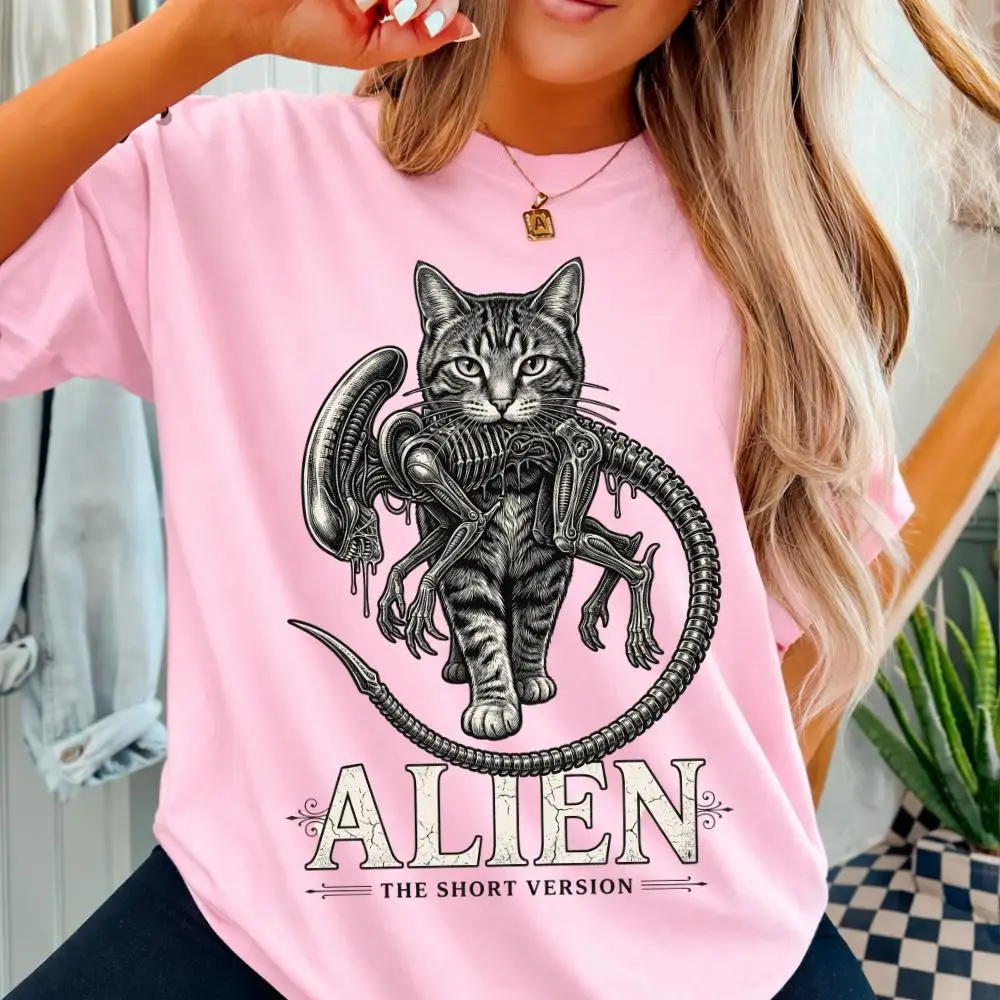 Alien-Katzen-T-Shirt, lustiges Sci-Fi-Horrorfilm-Parodie-T-Shirt für Frauen, neues Unisex-T-Shirt für den Sommer – Detail 6