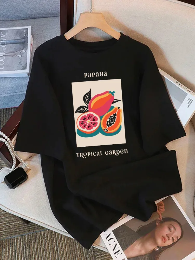 

Summer Cotton T-shirt Women's Papaya Fruit Tropical Garden Printed Casual Cute T-Shirt Loose Round Neck Top Women's Clothing