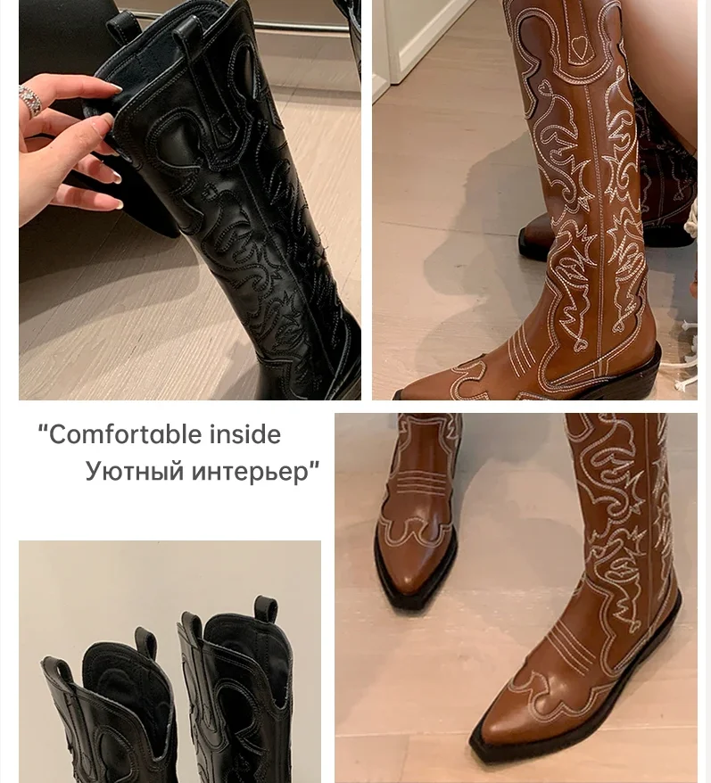 Ods Retro Embroidered Women\'s Western Boots Autumn And Winter Cowhide Square Head Thick Mid Heel Women\'s Knee Long Knight Boot41