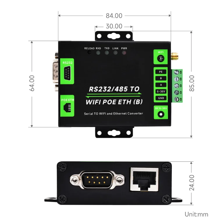 Porta de rede PoE Modbus MQTT Gateway, servidor serial industrial, RS232, RS485 para WiFi e Ethernet