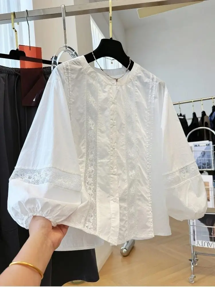 

2025 Blusas Mujer De Moda O-Neck Ruffles Long Sleeve Blouse Women Clothing White Tops Fashion Lantern Sleeve Sweet Shirts