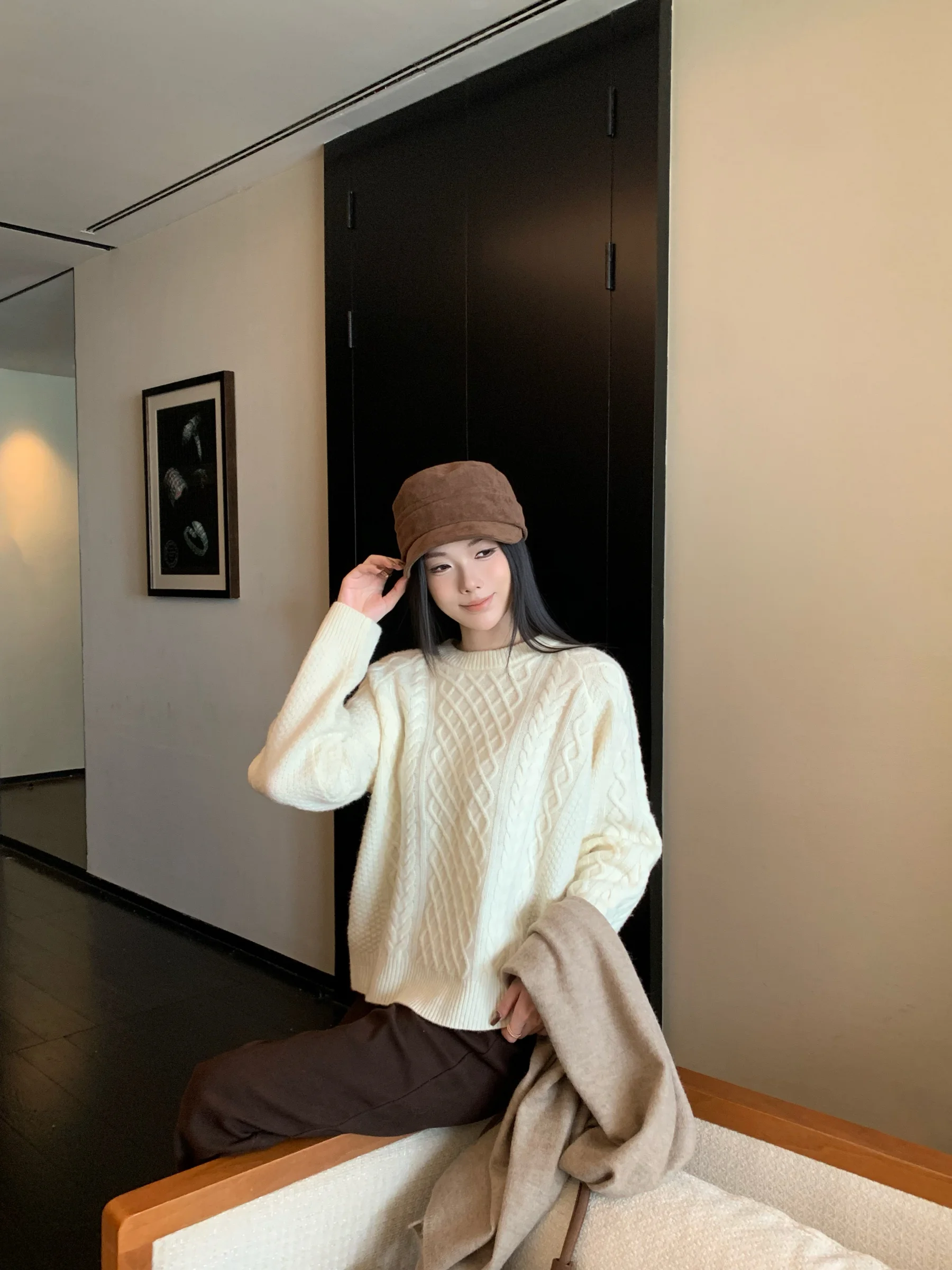 

100% шерстяной свободный вязаный свитер с узором «косы», круглый вырез, для повседневной носки, женский, молодежный, осенне-зимний, теплый трикотаж