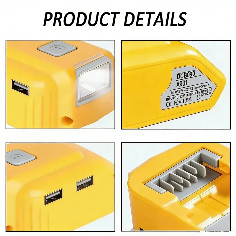 For Dewalt 20v Max 18V Battery Adapter DCB090 Power Supply with USB TYPE-C DC12V Power Converter 140LM LED Work Light Flashlight