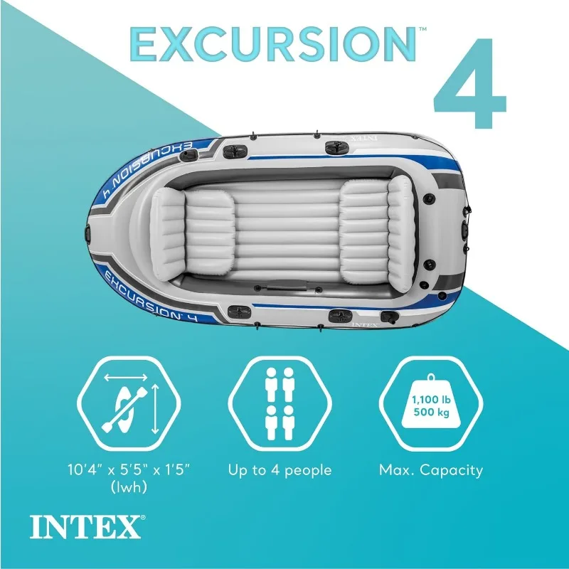 INTEX Excursion Inflatable Boat Series: Includes Deluxe 54in Boat Oars and High-Output Pump – SuperTough PVC – Adjustable Seats