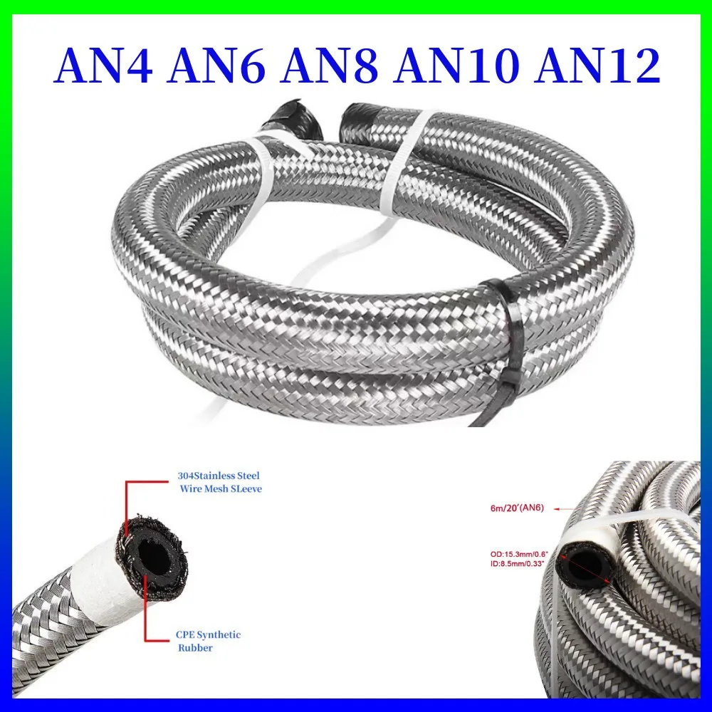 

AN4 AN6 AN8 AN10 AN12 AN16 AN20 Fuel Hose Oil Gas Cooler Hose Line Pipe Tube Nylon Stainless Steel Braided Inside CPE Rubber