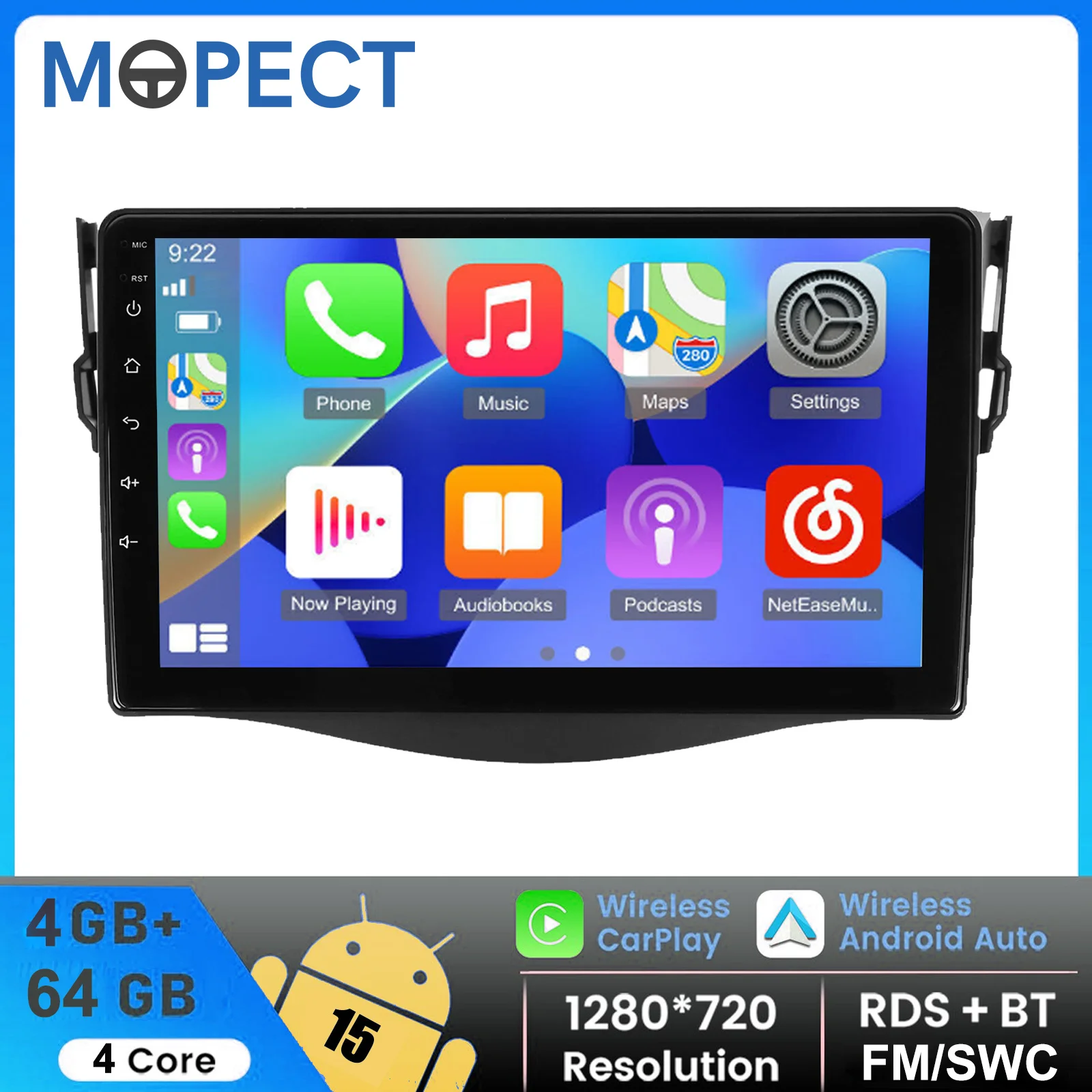 

MOPECT 9 inch 4+64GB Apple Carplay For Toyota RAV4 2007-2012 Car Stereo Bluetooth Android 15 GPS FM WIFI Radio Sat Nav