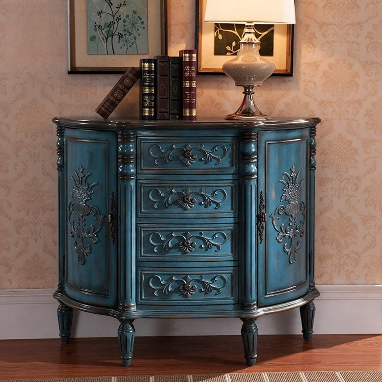 Lemari pintu masuk bergaya Eropa yang elegan, kayu solid, solusi penyimpanan sudut antik