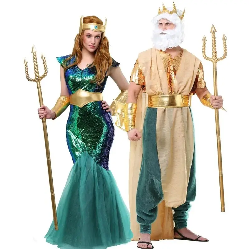 For Sea Adult Egypt Egyptian Pharaoh Prince King Siren Men's Poseidon Costumes Mermaid Queen Costume Staff Cosplay Fancy Dress