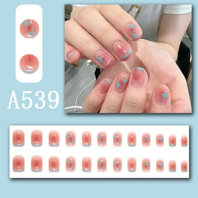 24pcs Sweet Cool Style Nail Art Wearable Nails French Line Halo False Nails Press on Removable Fake Nails with Glue