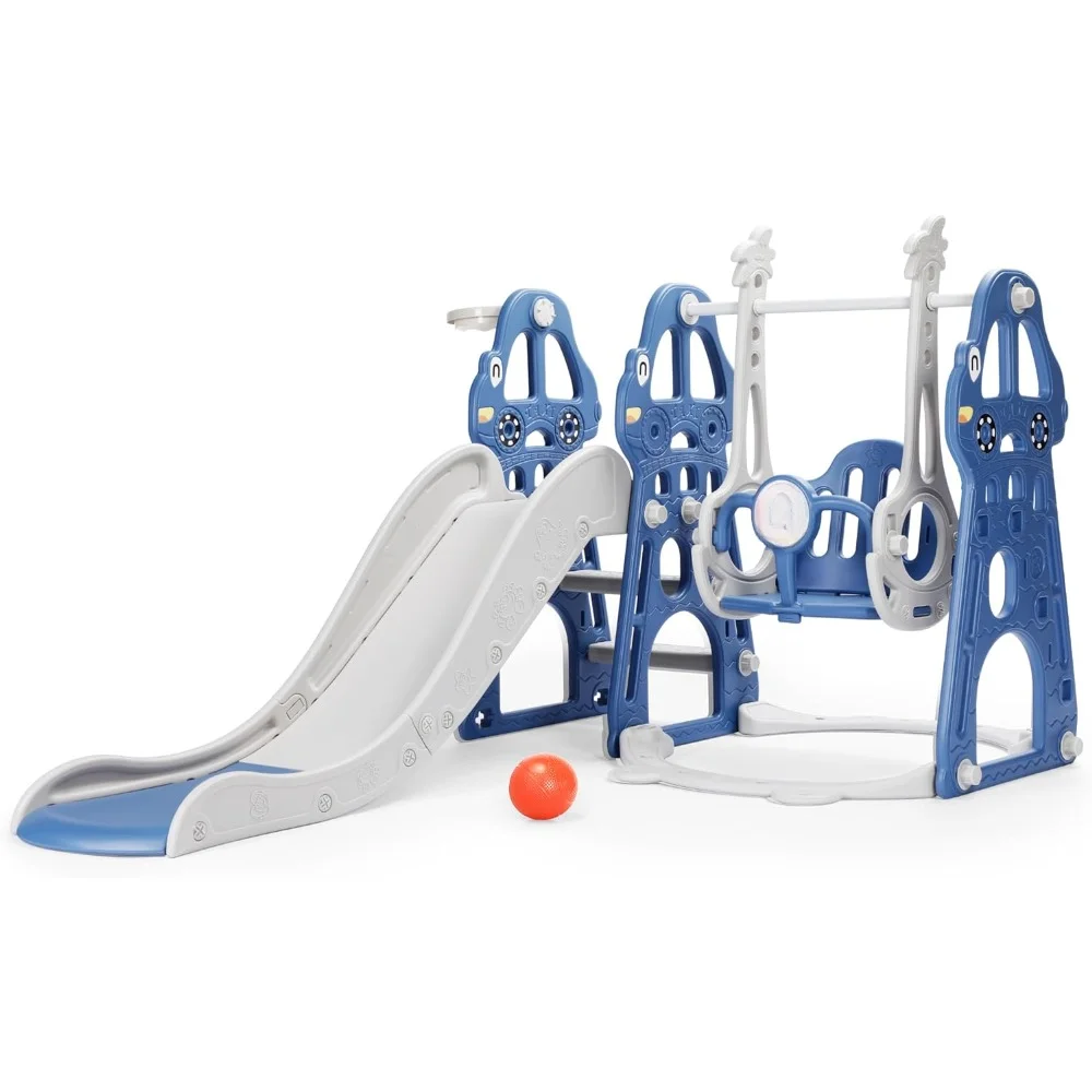 

4 in 1 Toddler Swing and Slide Set Indoor Playground for Children Swing Set with Slide, Climber, Basketball Hoop and Long Slide