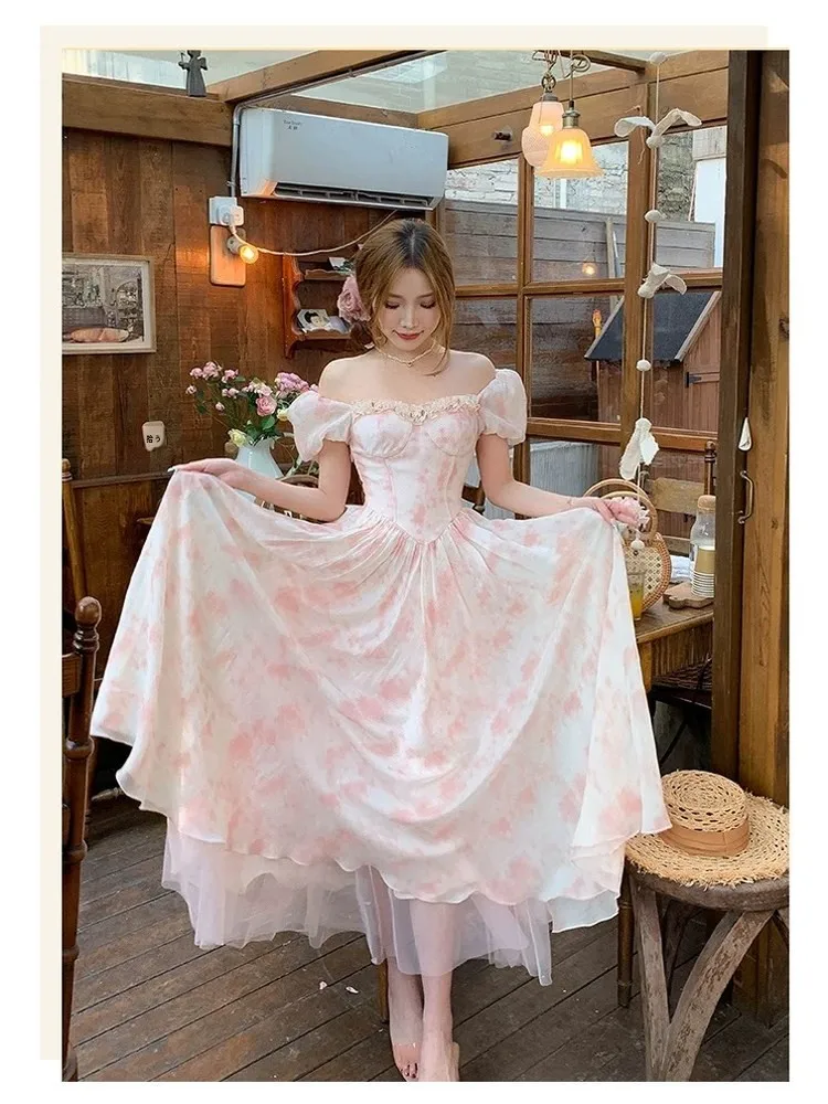 Princess Style Long Bubble Sleeve Pink Dress Gradient Color Summer Vacation Women's Fashion Sweet Style A-Line Dress