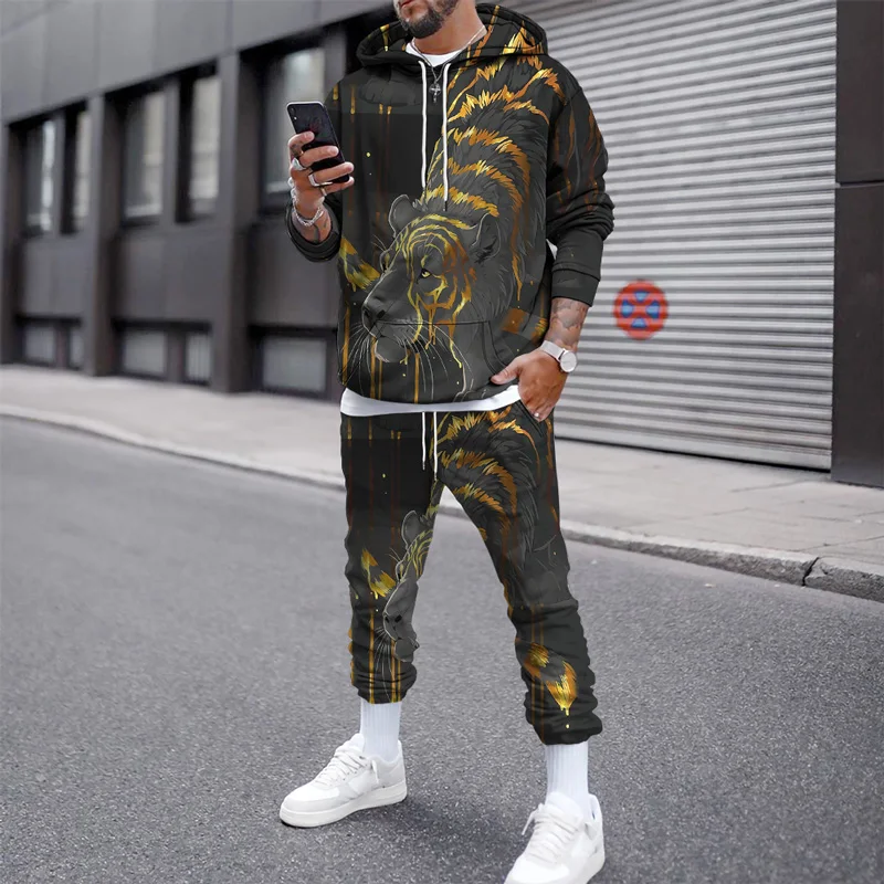 2023 herbst Winter Männer Mit Kapuze Sweatshirt Set 3D Drucken Tiger Jogging Anzug Sweatshirts Übergroßen Streetwear Trainingsanzug Für Männer