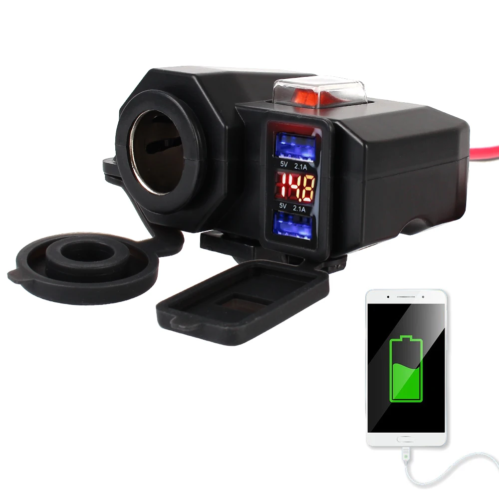 

Зарядное устройство для мотоциклетного руля с двумя USB-портами и разъемом для прикуривателя, независимый выключатель, адаптер питания 5В 2.1А для телефона