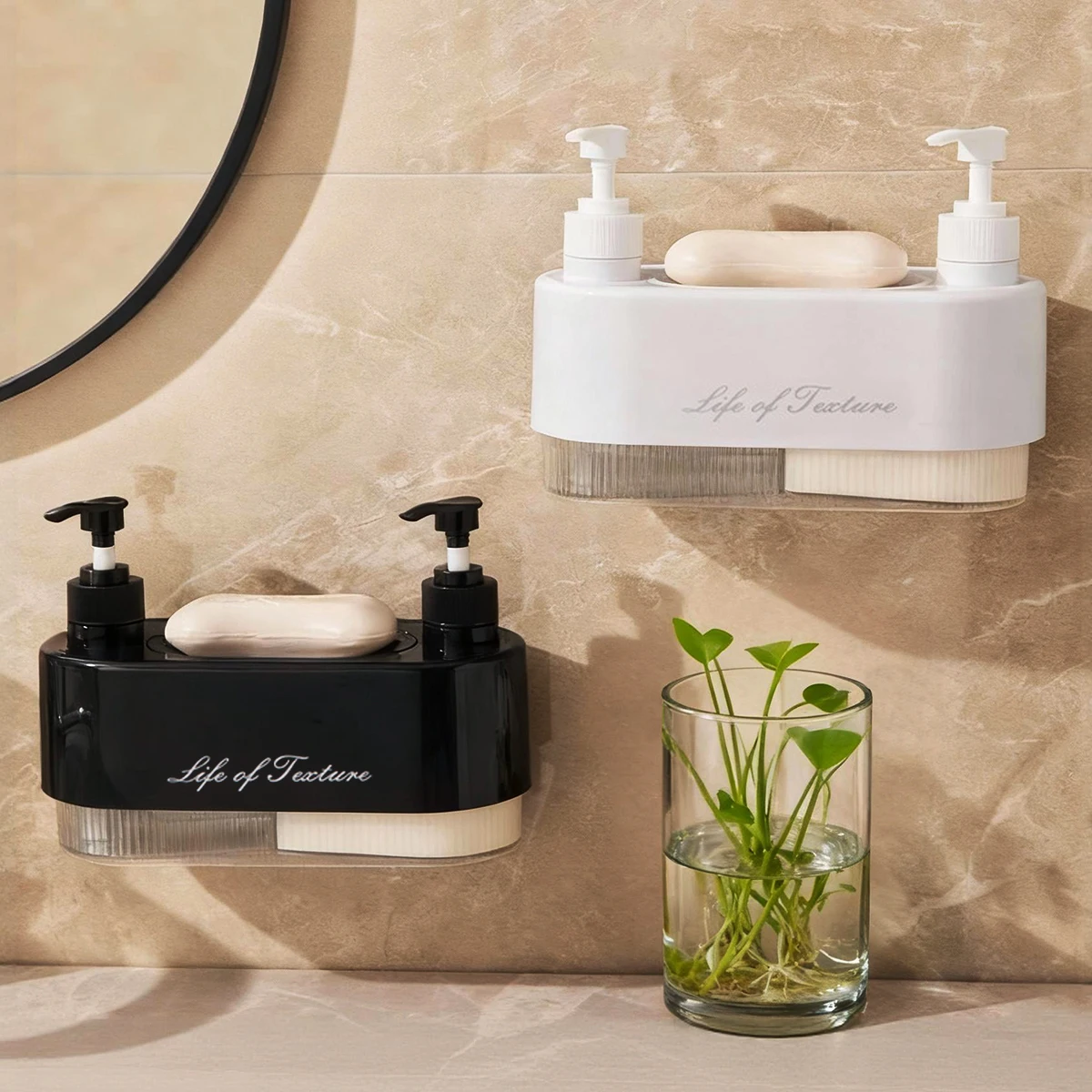 

Wall Mounted Dual-Head Soap Dispenser Refillable Liquid Container for Shampoo Body Wash Hand Soap No-Drill for Bathroom, Kitchen