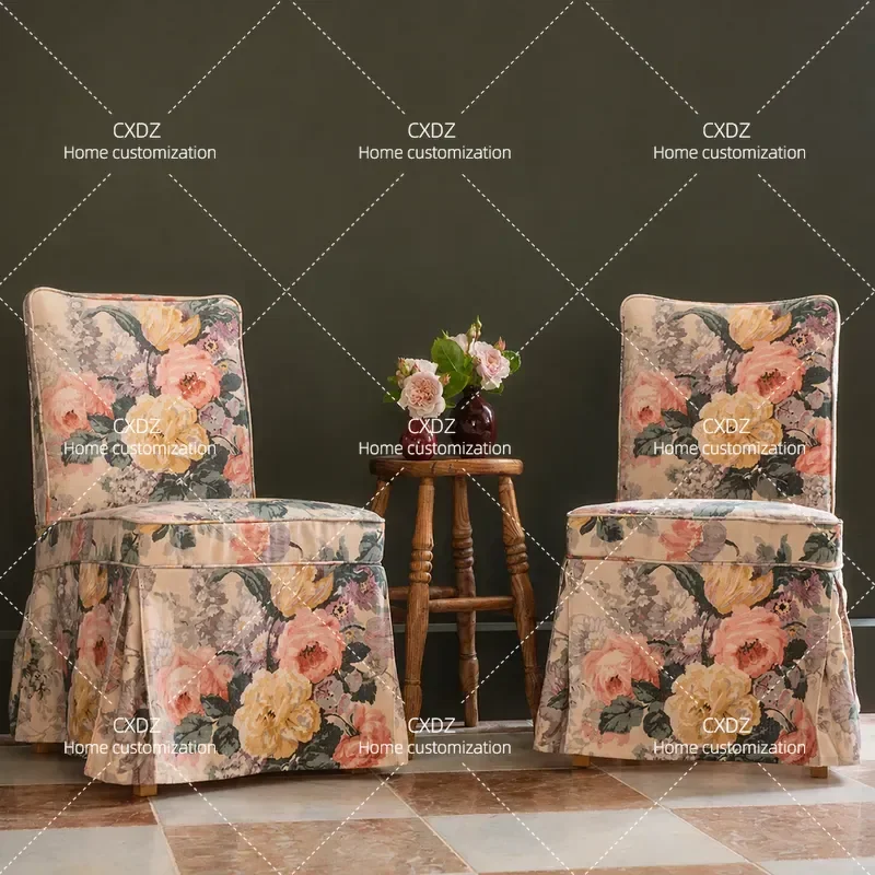 Solid Wood Dining Chair Retro Fabric Single Chair Without Armrests Pastoral Living Room Household