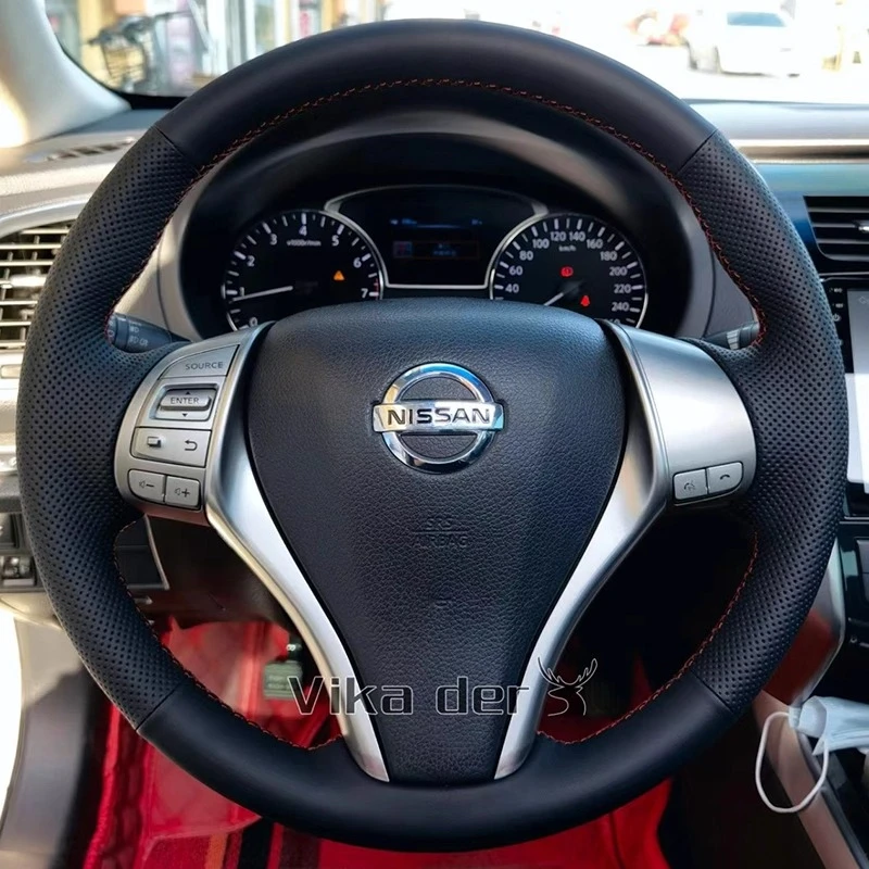 

Hand-Stitched Black Genuine Leather steering wheel cover For Nissan Teana Altima X-Trail Qashqai 2014-2018 Rogue 2014-2016
