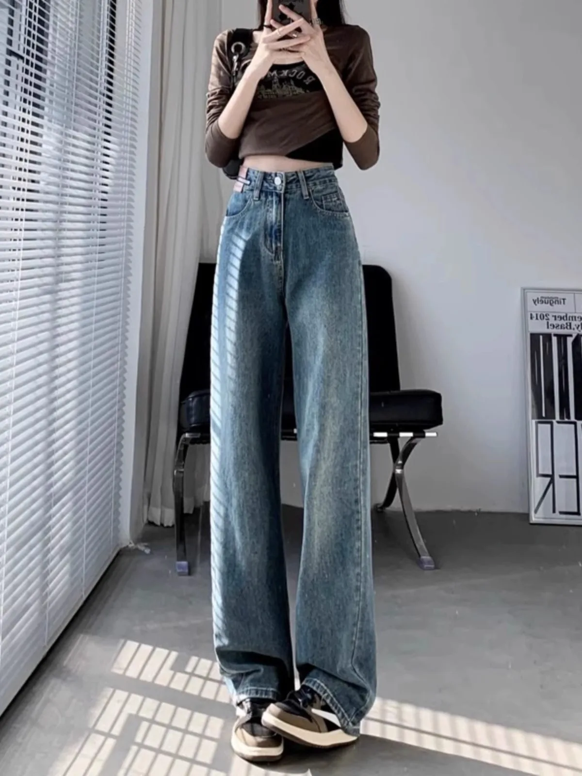 

Retro High Waist Wide Leg Jeans Women's Loose Fitting Slimming Long Straight Cut Denim Pants Spring Autumn New Style Floor Le...