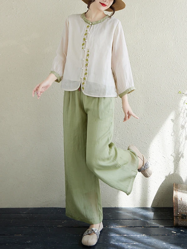 Faionable – ensemble en lin brodé rond Ne Seven Sve, pantalon à jambes larges, costume deux pièces pour femmes, tenue d'été de marque chinoise