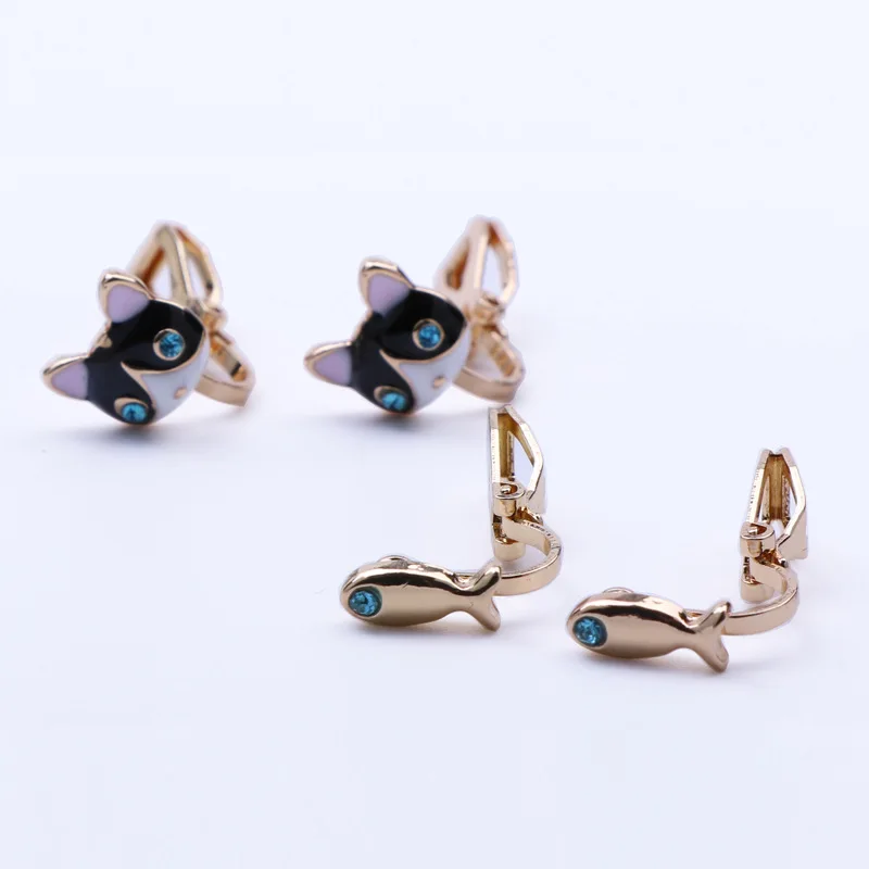 GRACE JUN Cute Cartoon Animal Gold Color Clip on Earrings for Girls Fashion Enamel Pearl Flower Fish Cuff Ear Clip Wholesale