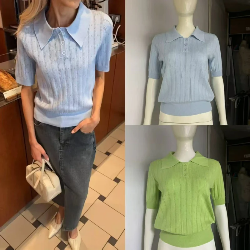 

Solid Hollow Lapel T Shirt Woman Short Sleeve Knitted T Shirts Ladies Short Tops Women Summer High Street Wear Streetwear