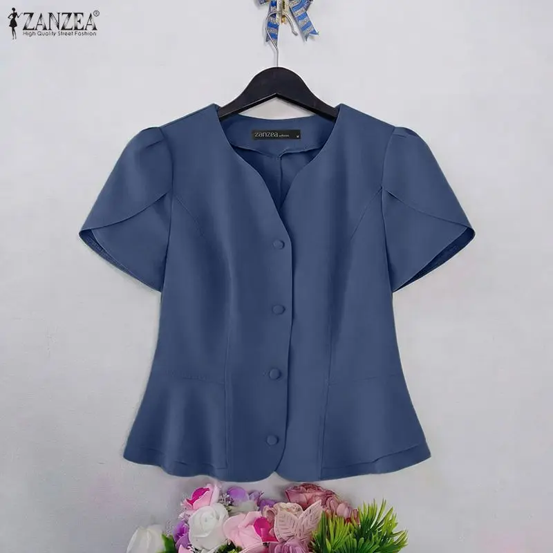 

Женская блузка ZANZEA с V-образным вырезом, повседневная модная рубашка, летняя коллекция 2026, с коротким рукавом-фонариком, однотонная, элегантная, для офиса, для работы