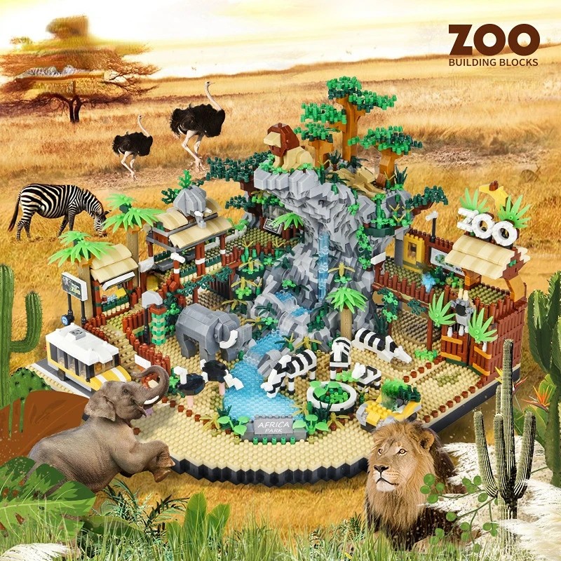 Blocos de construção do jardim zoológico, parque do deserto, elefante, leão, zebra, animais, brinquedos para meninos, presente para adultos, diy,